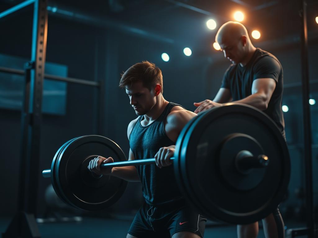 A coach guiding an athlete through a heavy barbell lift at A-Game
